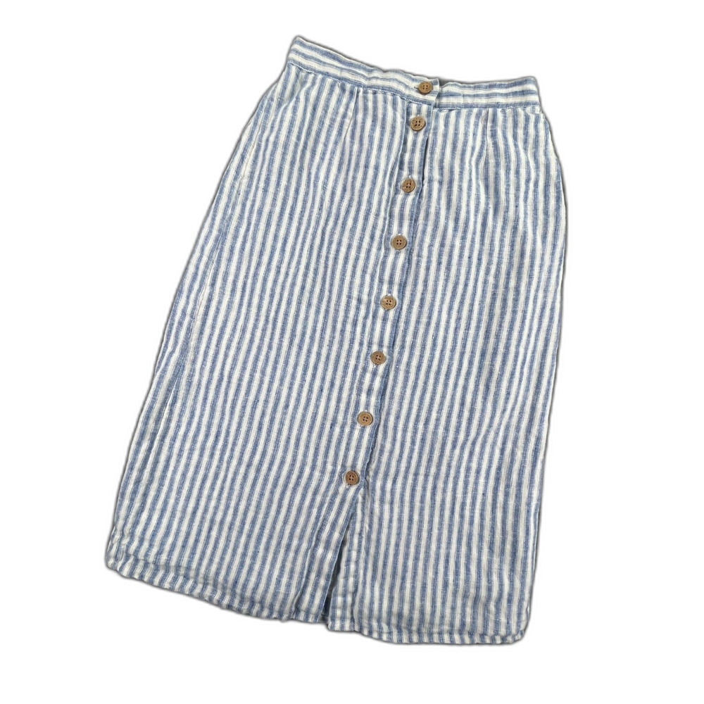 Faherty Whitley Low Tide Stripe Linen Button Front Midi Skirt XS Blue White Boho